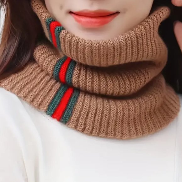 NWT Ribbed Acrylic Inspired Striped Neck Scarf / Face Snood TAN - Picture 3 of 3